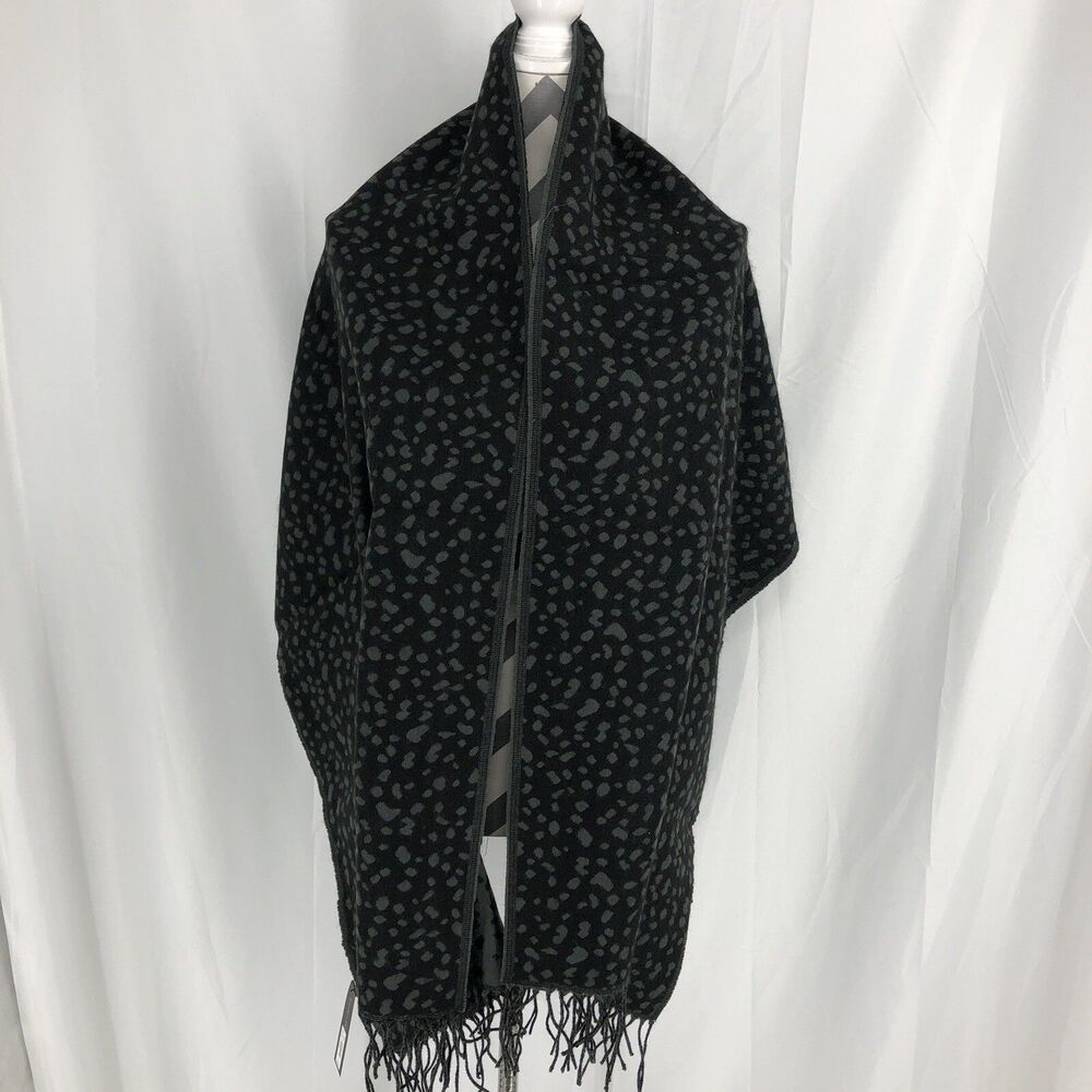 The Limited Fashion Wide Scarf Wrap Black Gray Spotted Fringe Ends 72”x20” NWT